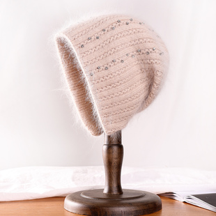 兔毛帽子女冬天时尚烫钻加厚保暖毛线帽中老年护耳针织帽堆堆帽