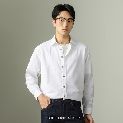 春夏薄款棉麻衬衫男士透气舒适轻商务通勤外搭上衣男HAMMER SHARK