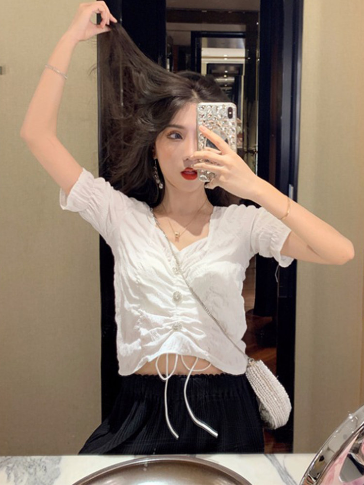 心机衬衫女设计感小众超仙女雪纺衫夏季新款韩版短袖很仙的上衣潮|ruв категории Женская одежда, кружева свитер/шифон рубашка - от Buy2taobao.com для оказания профессиональной услуги покупки агента Taobao