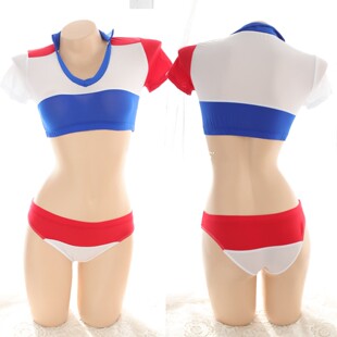 女性感风超短红蓝体操服分体两件套装女红白蓝拼色低腰家居服内衣