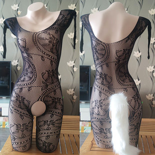 欧美女式 连体连身网衣带尾巴兔尾猫尾 性感图腾渔网针织高弹一体式