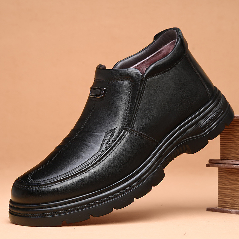 真皮一脚蹬棉鞋男款冬季加绒加厚保暖防滑软底雪地靴老年人爸爸鞋