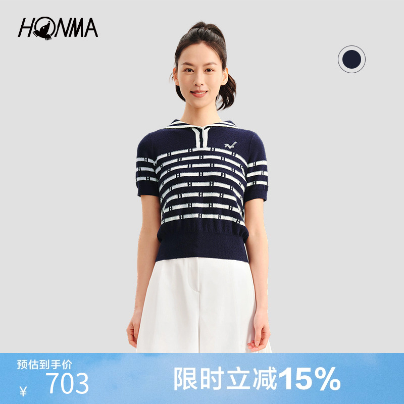 honma女式短袖针织衫海军领翻领