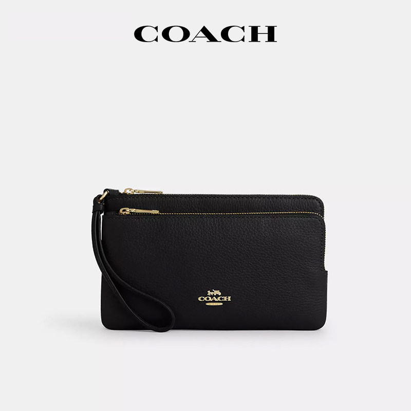 【国内现货】COACH/蔻驰女士手拿包双拉链护照黑色皮质简约手挽包