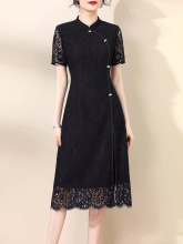 水墨青华2025夏季新款显瘦新中式国风旗袍优雅百搭人棉蕾丝连衣裙