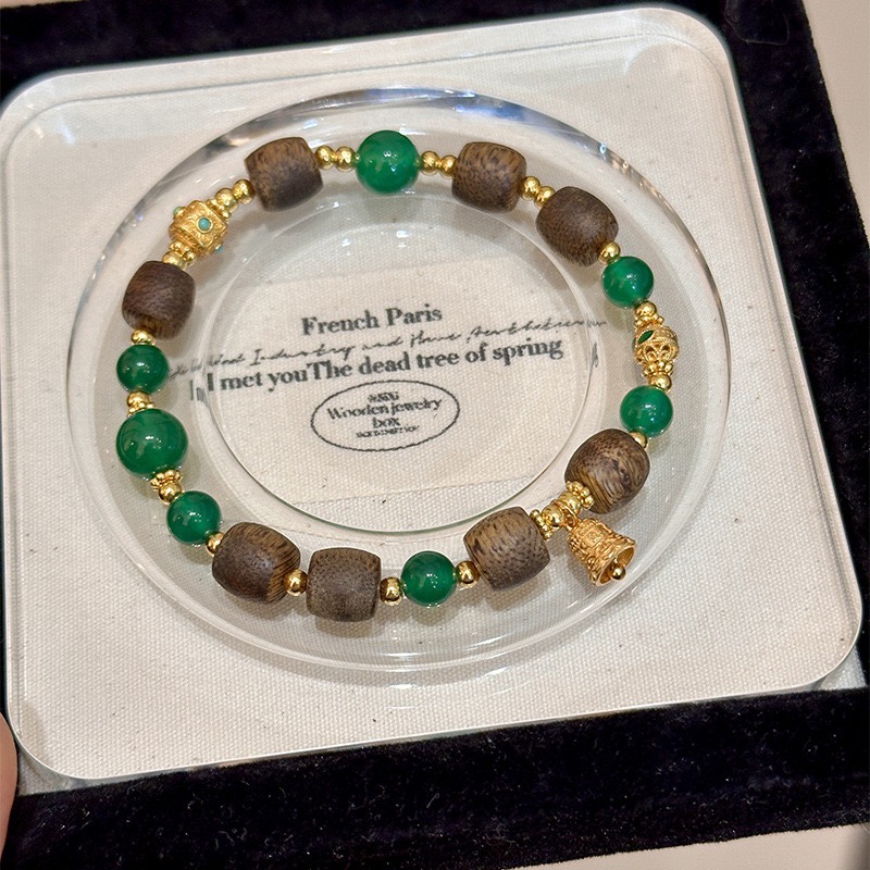 SSJEWELRY轻奢珠宝沉香珠绿玉髓手串S925银镀金铃铛时尚高级手链
