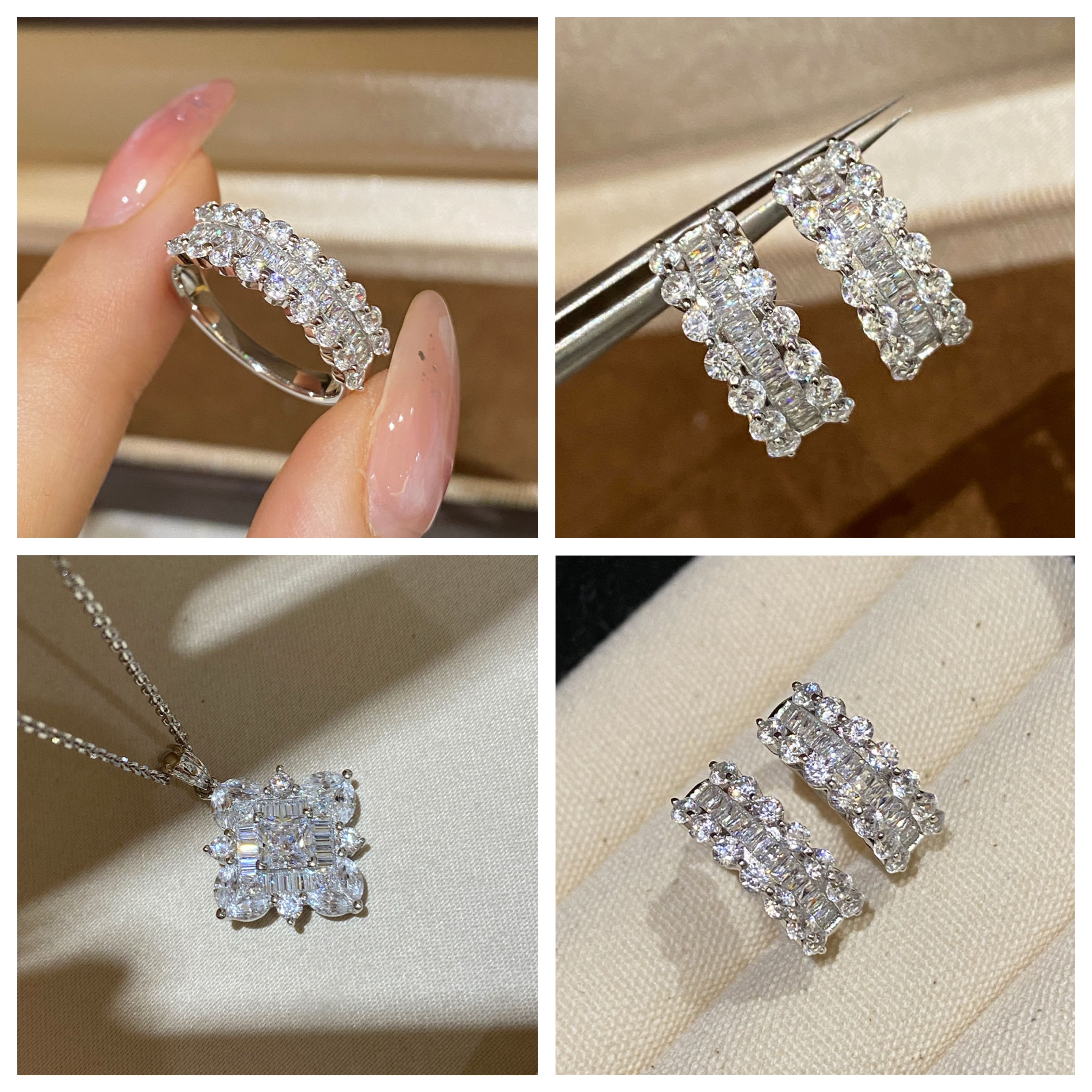 SSJEWELRY轻奢珠宝s925银镀金T方半圈钻石排戒耳环项链气质时髦