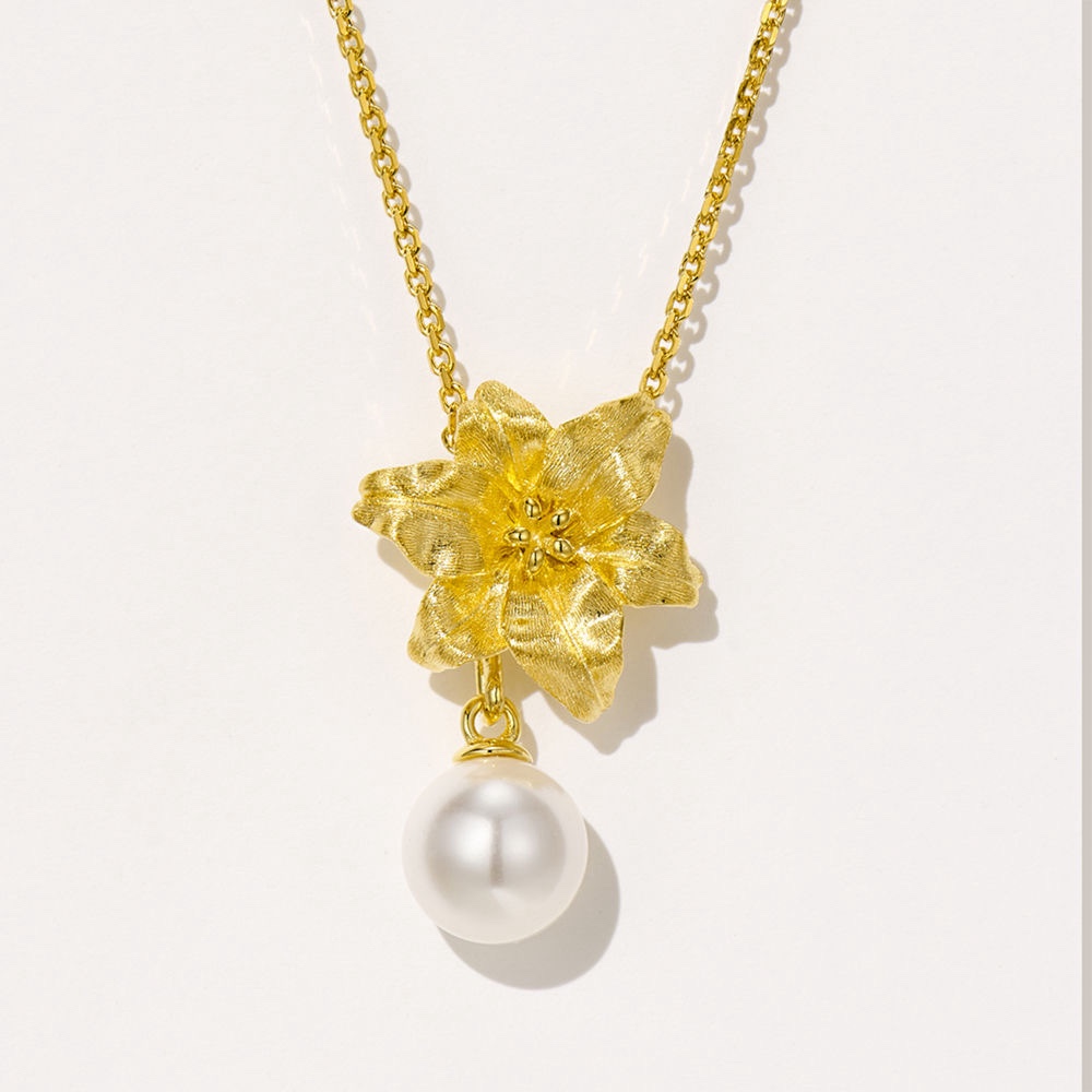 SSJEWELRY轻奢珠宝百合露珠拉丝耳钉项链水滴钻施家珍珠两戴款