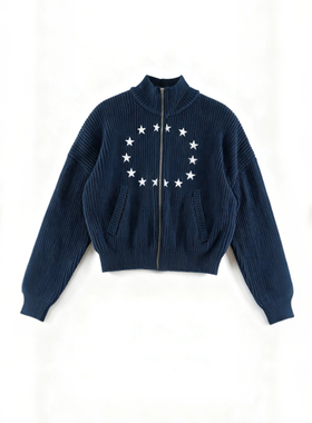 美式复古星星拉链开衫男短款立领针织外套慵懒百搭刺绣双拉链毛衣