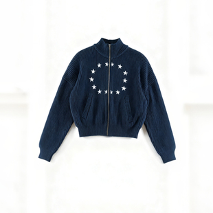立领针织外套慵懒百搭刺绣双拉链毛衣 男短款 美式 复古星星拉链开衫