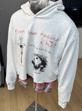 美式复古破洞男女卫衣boxy fit上衣短宽连帽外套加绒430g印花上衣