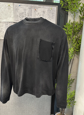 美式复古做旧水洗卫衣boxy fit打底短宽泥染上衣破坏渐变长袖T恤