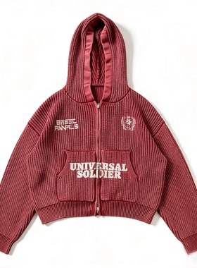 Basic annals连帽毛衣水洗拉链卫衣短宽超重磅马年红色boxyfit