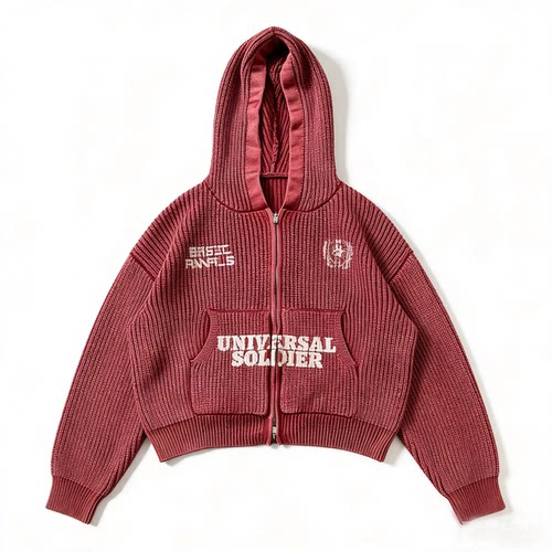 Basic annals连帽毛衣水洗拉链卫衣短宽超重磅马年红色boxyfit