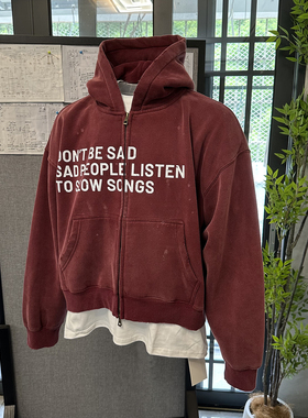 美式复古做旧水洗上衣连帽短宽拉链口袋boxy fit卫衣酒红色外套