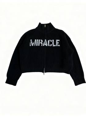 字母印花拉链针织开衫男黑色立领毛衣外套超短款柳条编织boxyfit