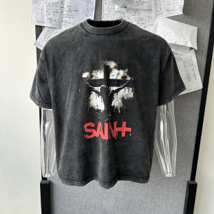 Basicannals水洗做旧磨毛黑色印花T恤短宽小领口上衣boxy fit短袖