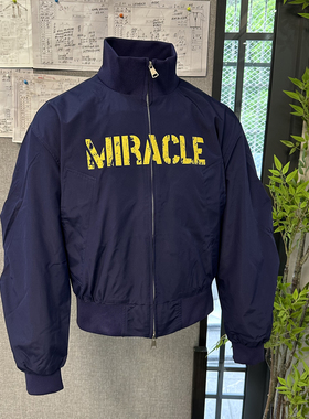 美式复古做旧龟裂字母boxy fit外套短宽上衣高领双拉链藏青色夹克