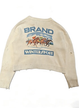 Basic annals复古印花针织衫男破洞做旧毛衣外套纯棉短款boxy开衫