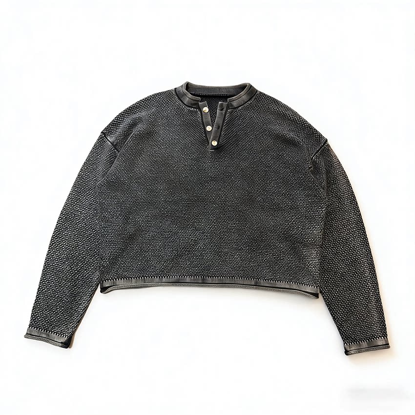 Basic annals亨利领针织衫男黑色套头长袖透气水洗春夏新款纯棉