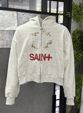 Basic annals美式复古做旧印花双拉链卫衣boxy fit外套短宽情侣