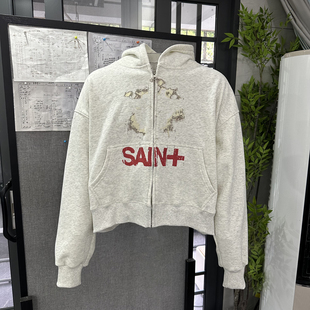 fit外套短宽情侣 复古做旧印花双拉链卫衣boxy Basic annals美式