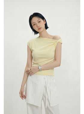 LINYUXI 不规则斜肩扭结短袖T恤女夏季设计感小众灰色短款上衣