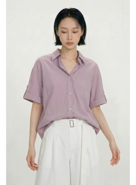 LINYUXI 卷边挽袖宽松紫色衬衫女夏季设计感小众通勤套头短袖衬衣