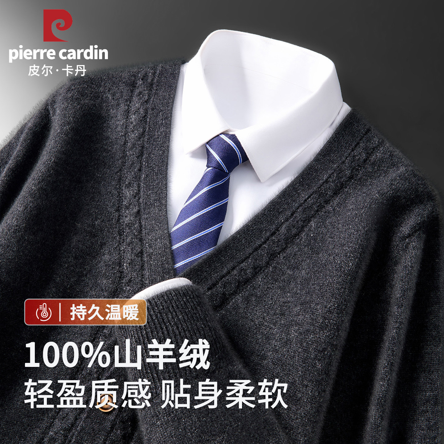 皮尔卡丹高级感100%纯羊绒衫外套男士秋冬季加厚保暖V领毛衣开衫