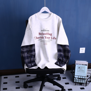 春秋装乔迪丹娜男女大童青少年装休闲针织圆领格子拼接长袖卫衣