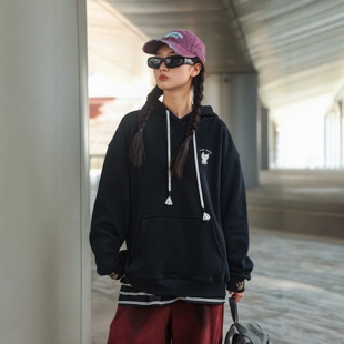 冬季新款时尚小飞飞女生大童青少年装休闲针织一体加绒衫卫衣帽衫