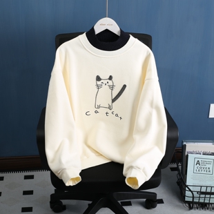 休闲宽松半高领针织绣花一体加绒衫卫衣冬季新款女生大童青少年装