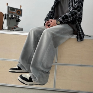 灰白牛仔裤直筒裤长裤休闲大码末班车初中高中生男孩大童青少年装