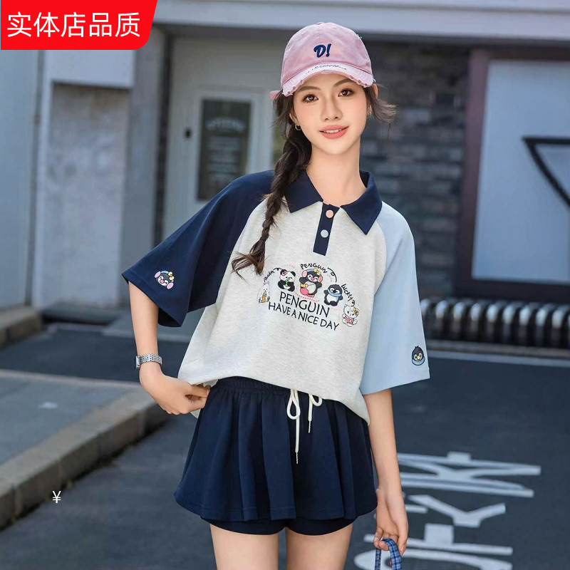 艾尚杰小杰夏装新款女生大童青少年装宽松针织绣花短袖T恤POLO衫