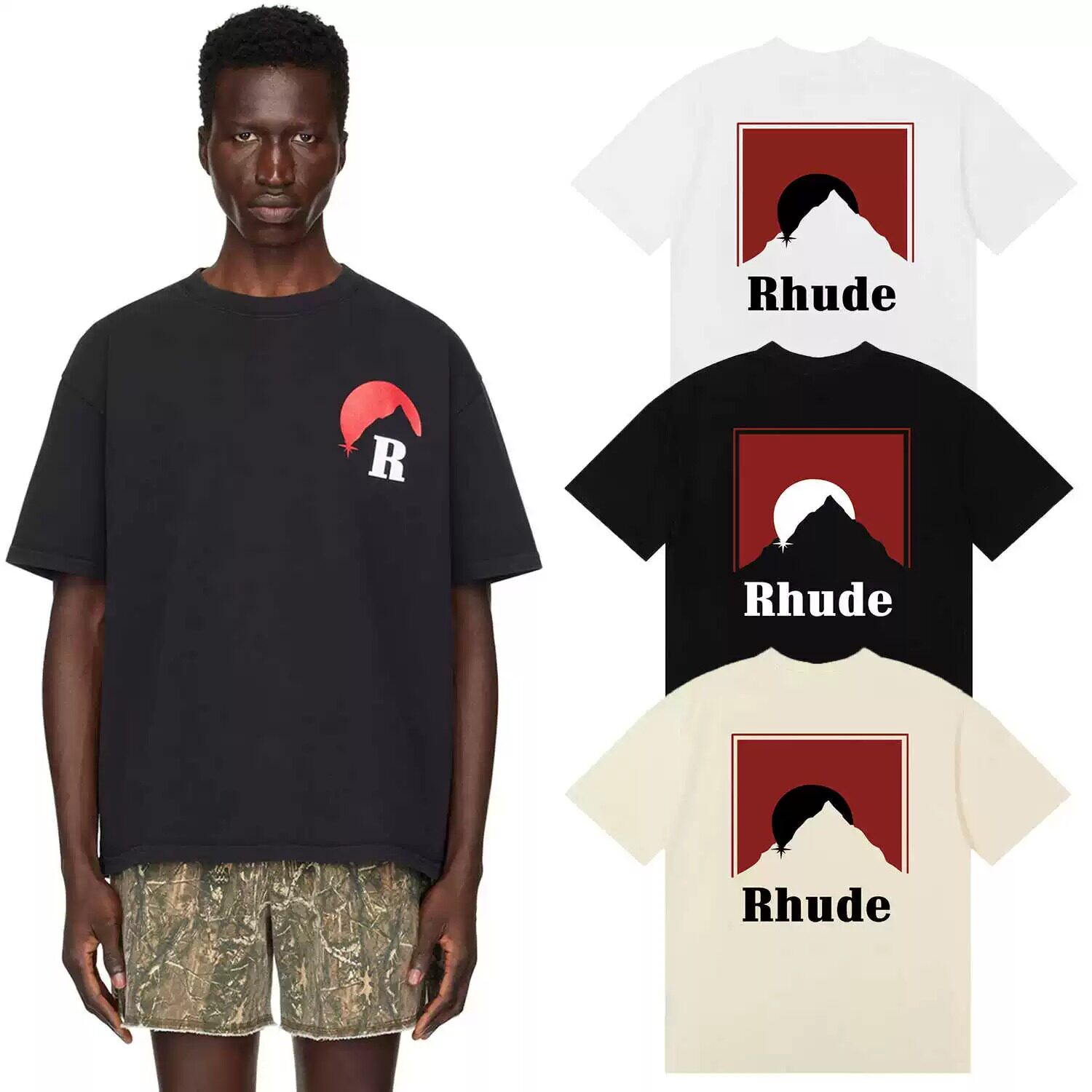 RHUDE美式高街经典红色落日印花短袖宽松休闲男女情侣T恤上衣潮牌