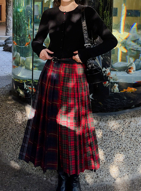 Iris.O鸢早春设计感跨年撞色红色格纹拼接A字百褶半身裙长裙