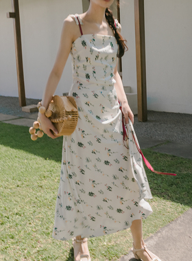 iris.O鸢度假复古植物花朵印花碎花缎面仙女泰兰德长裙半身裙春夏