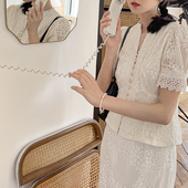 套装 iris.O鸢 春 修身 镂空立领水溶蕾丝收腰丝衬衫 京都白樱 法式