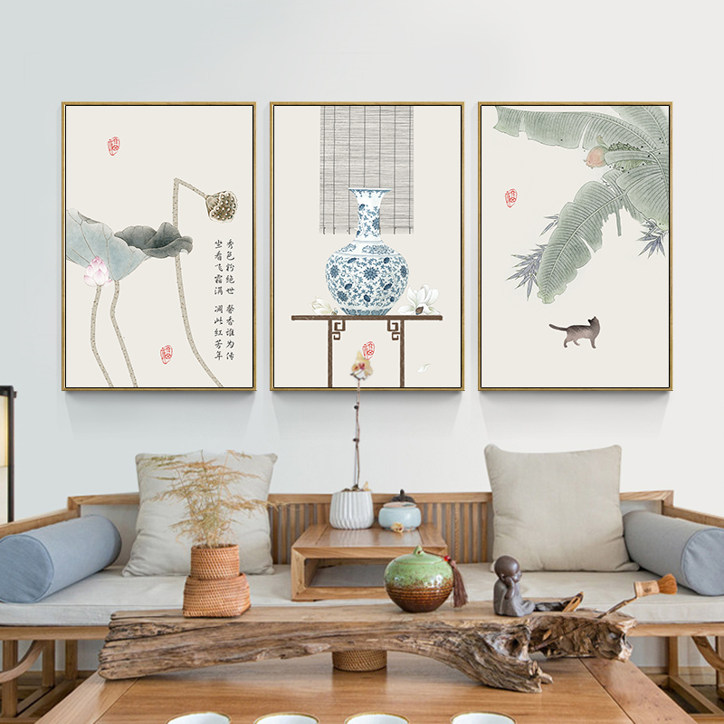 新中式装饰画客厅沙发背景墙青花瓷挂画茶室禅意壁画餐厅中国风画图片