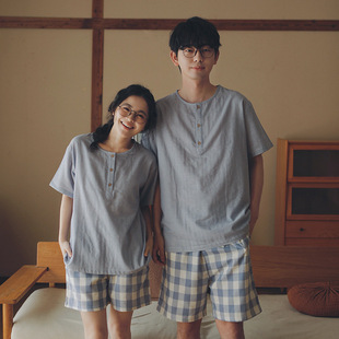 纯棉棉麻情侣家居服 夏全棉双层纱布日系男士 女士短袖 短裤 睡衣套装