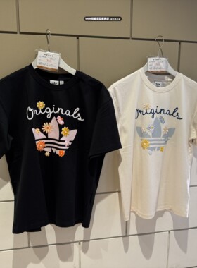 阿迪达斯三叶草女子短袖大LOGO印花针织休闲半袖T恤KB8958 KB8959