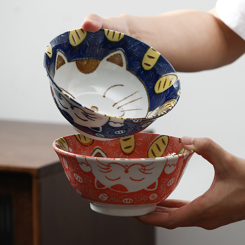 日本进口家用陶瓷碗祈福招财猫和风餐具饭碗面碗青花瓷碗套装礼品