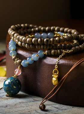 新中式一线黄油沉香木项链文玩大漆珠原创毛衣链饰品