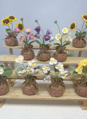 手工钩织毛线编织郁金香盆栽桌面摆件针织家居钩织仿真盆栽摆件