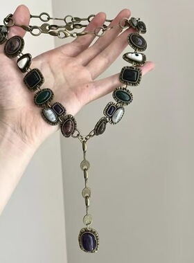 中古vintage几何宝石吊坠项链复古做旧感毛衣链配饰