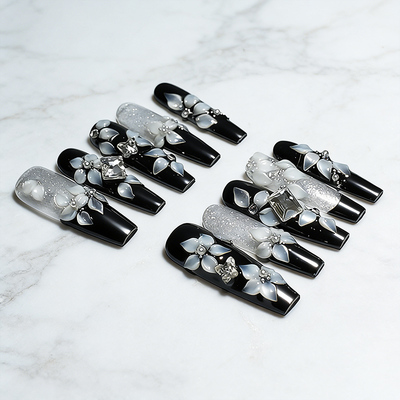 黑色花朵穿戴甲纯手工做做渐变美甲甲片酷黑时尚可拆卸CDJ021