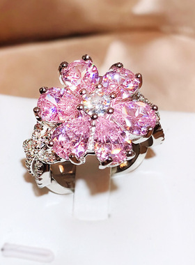 女式甜美可爱时尚粉色心形锆石戒指