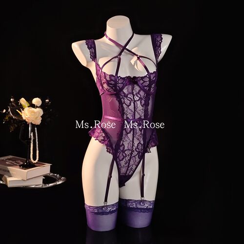 Ms Rose性感紫色吊带连体衣女聚拢小胸透视蕾丝情侣趣qq内衣纯欲