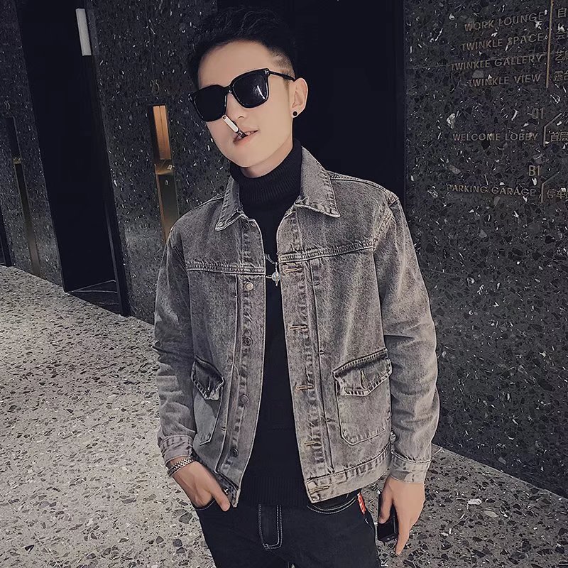 网红潮牌精神小伙牛仔外套男韩版修身帅气男士春秋工装夹克上衣潮