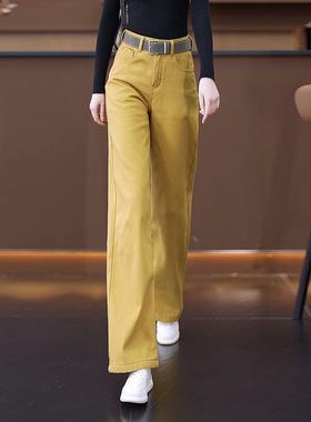 配皮带黄色时尚阔腿牛仔裤女秋冬加绒加厚窄版直筒高腰显瘦休闲裤